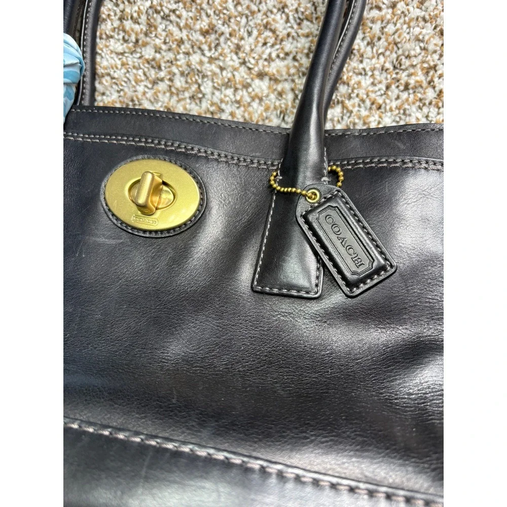 Coach Madeline Shoulder Leather Tote Bag Medium Black Turnlock Blue Scarf 11555